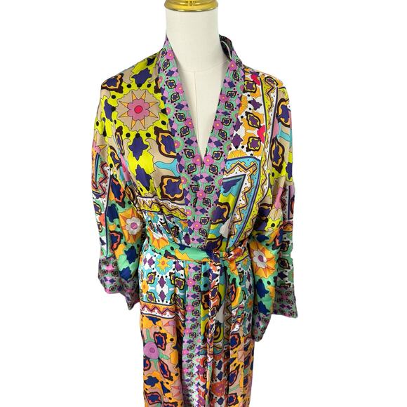 Zara Silky Kimono Robe Long Colorful Bohemian Wrap Maximalist All Over Print XS - Picture 5 of 15